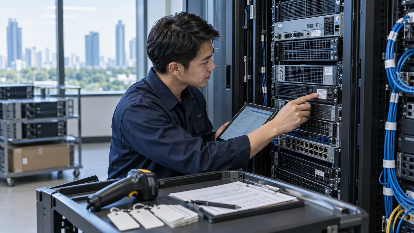 ภาพจำลองช่างตรวจหมายเลขและบันทึกรายการ Server Network ด้วยแท็บเล็ต