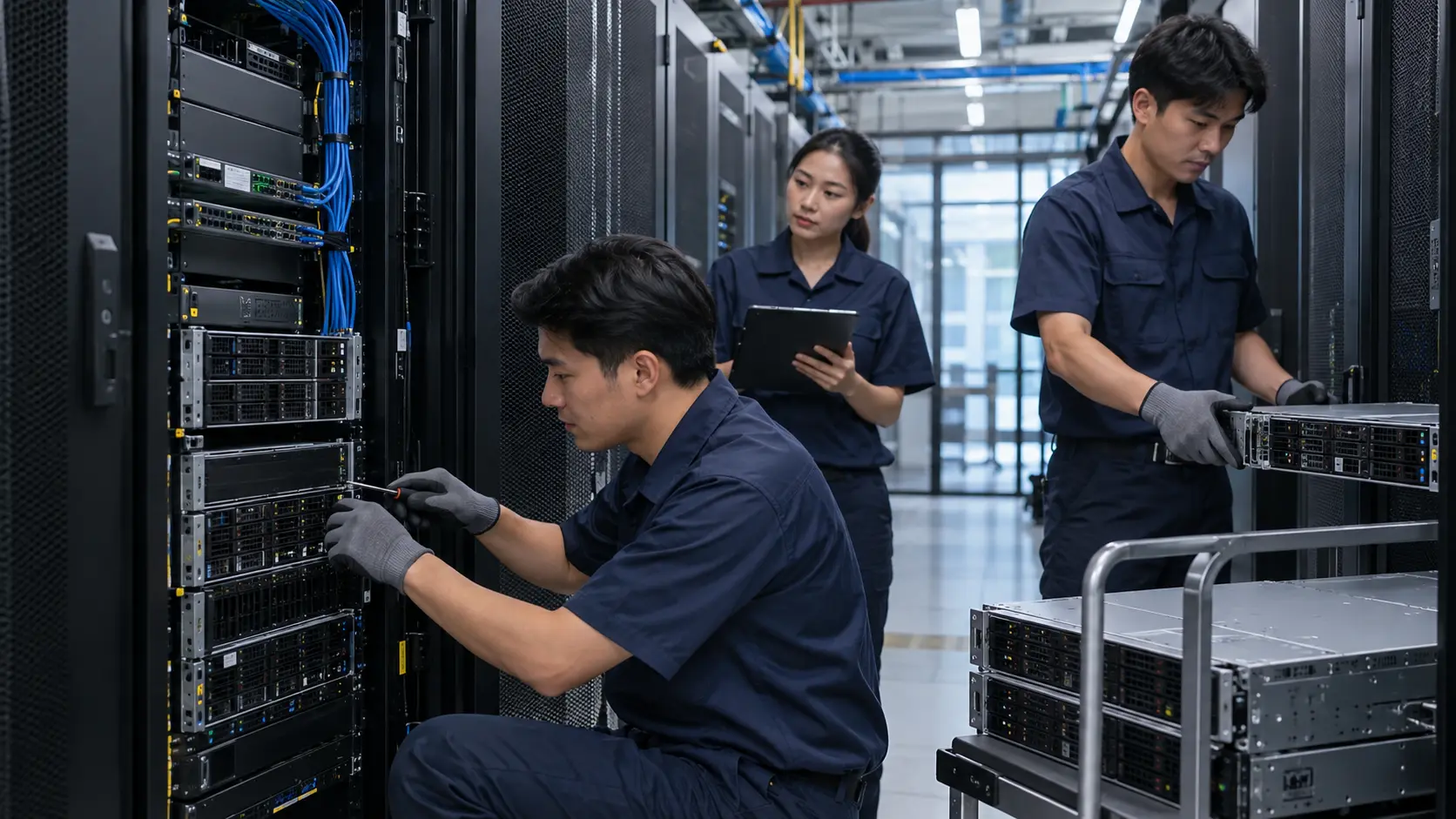 ภาพจำลองทีมช่างตรวจสอบและถอด Server Rack ภายใน Data Center